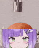 a girl with purple hair and green eyes is being touched by someone 's finger .
