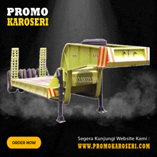 an advertisement for promo karoseri shows a yellow trailer