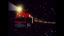 a red train with a star on the front of it is going through a starry night sky .