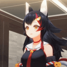 a close up of a anime girl with a red and white stripe on her forehead