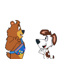 a cartoon of a bear and a dog waving at each other