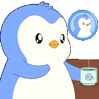 a penguin is holding a cup of coffee and looking at another penguin