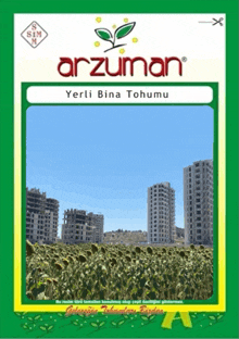 a green and white advertisement for arzuman yerli bina tohumu with a picture of a field of sunflowers