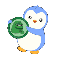 a penguin is holding a picture of a green frog