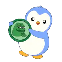 a penguin is holding a picture of a green frog