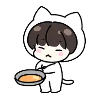 a cartoon drawing of a cat holding a pan and a pancake on its head