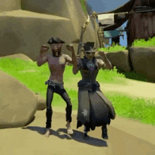 a man and a woman are standing next to each other in a video game and flexing their muscles .