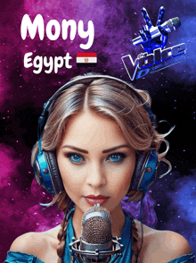 a woman wearing headphones stands in front of a microphone with the name mony egypt on the bottom