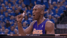 a basketball player in a lakers jersey points at another player
