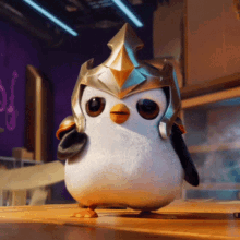 a small penguin wearing a helmet and a sword