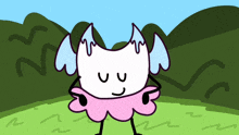 a cartoon drawing of a monster with wings and a pink skirt