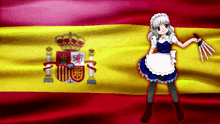 a girl in a maid outfit is standing in front of a spanish flag