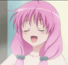 a pink haired anime girl with her eyes closed