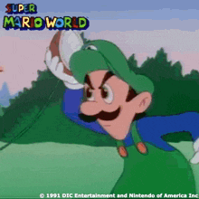 a cartoon of a man holding a ball with the words super mario world written on the bottom