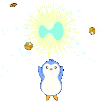 a blue and white penguin is surrounded by gold coins and a blue object