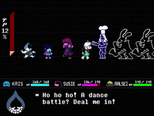 a screenshot of a video game with the words ho ho ho a dance battle deal me in