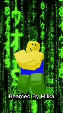 a picture of a roblox character with the words beamed by milka below it
