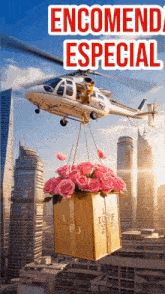 a helicopter is carrying a box of roses in the air