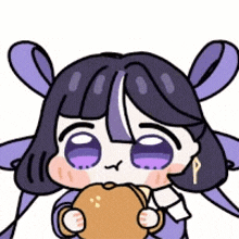 a cartoon of a girl with purple hair holding a bowl of food .