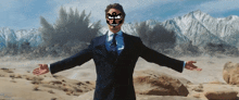 a man in a suit and tie with his arms outstretched has a troll face on his face