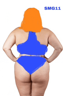 a woman with orange hair is wearing a blue bikini with smg11 above her