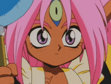 a close up of a cartoon character 's face with pink hair
