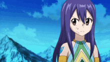 a girl with purple hair and a fairy tail symbol on her arm