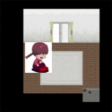 a cartoon of a girl sitting on the floor with a red apple