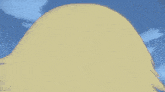 a close up of a person 's face with a blue sky in the background