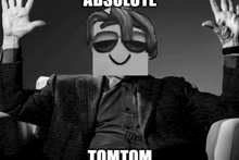a black and white photo of a man in a suit with a cartoon face on his face and the words " absolute tomtom " below him