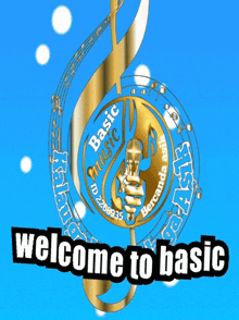 a logo for basic music with a microphone and a treble clef