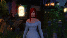 a woman with red hair is standing in front of a sign that says o on it