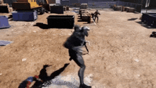 a video game is being played with a man in a black suit