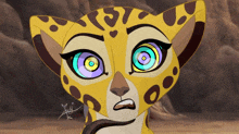 a close up of a cartoon leopard with a hypnotic look on its face