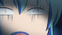 a close up of a person 's face with a blue hair