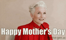 a woman in a red jacket and scarf is smiling and says happy mother 's day .