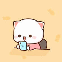 a cartoon cat is sitting at a table with a phone in front of it