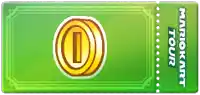 a green ticket for a mario kart tour with two gold coins on it