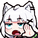a cartoon girl with white hair and cat ears is holding her hand to her face .