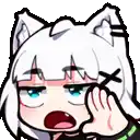 a cartoon girl with white hair and cat ears is holding her hand to her face .