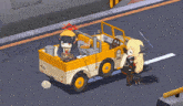 a cartoon character is standing next to a yellow and white vehicle that says ' jeep ' on it