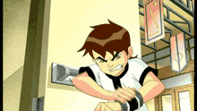 ben tennyson from ben 10 is standing in front of a wall with a sign that says ' a ' on it