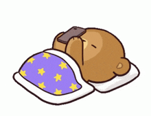 a cartoon of a teddy bear sleeping with a phone in its mouth