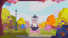 a cartoon of a cat meditating in a park with a disney channel logo