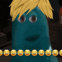 a blue cartoon character with yellow hair is surrounded by yellow smiley faces