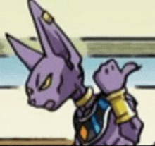 a close up of a purple cat giving a thumbs up .