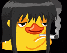 a cartoon of a duck with long black hair smoking a cigarette