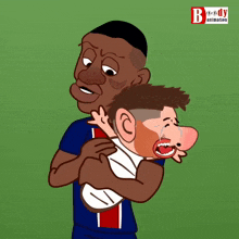 a cartoon of a man holding another man 's head with a body animation logo on the bottom