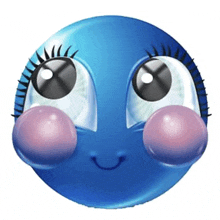 a blue smiley face with big eyes and bubbles on the cheeks