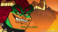 a cartoon character says victory is mine and has horns on his head